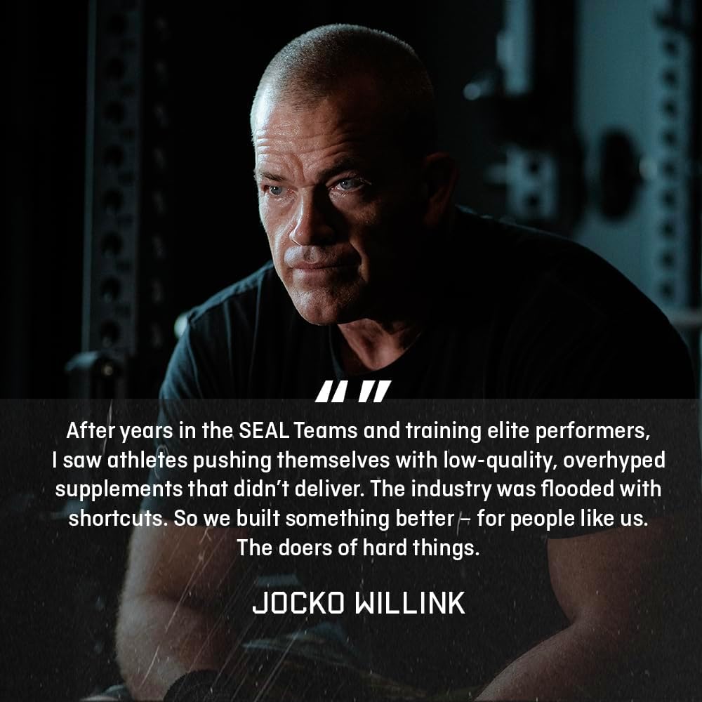 Jocko Fuel Whey Protein Powder contains 22g of protein per serving, with added digestive enzymes and a probiotic complex; each tub provides 27 servings.