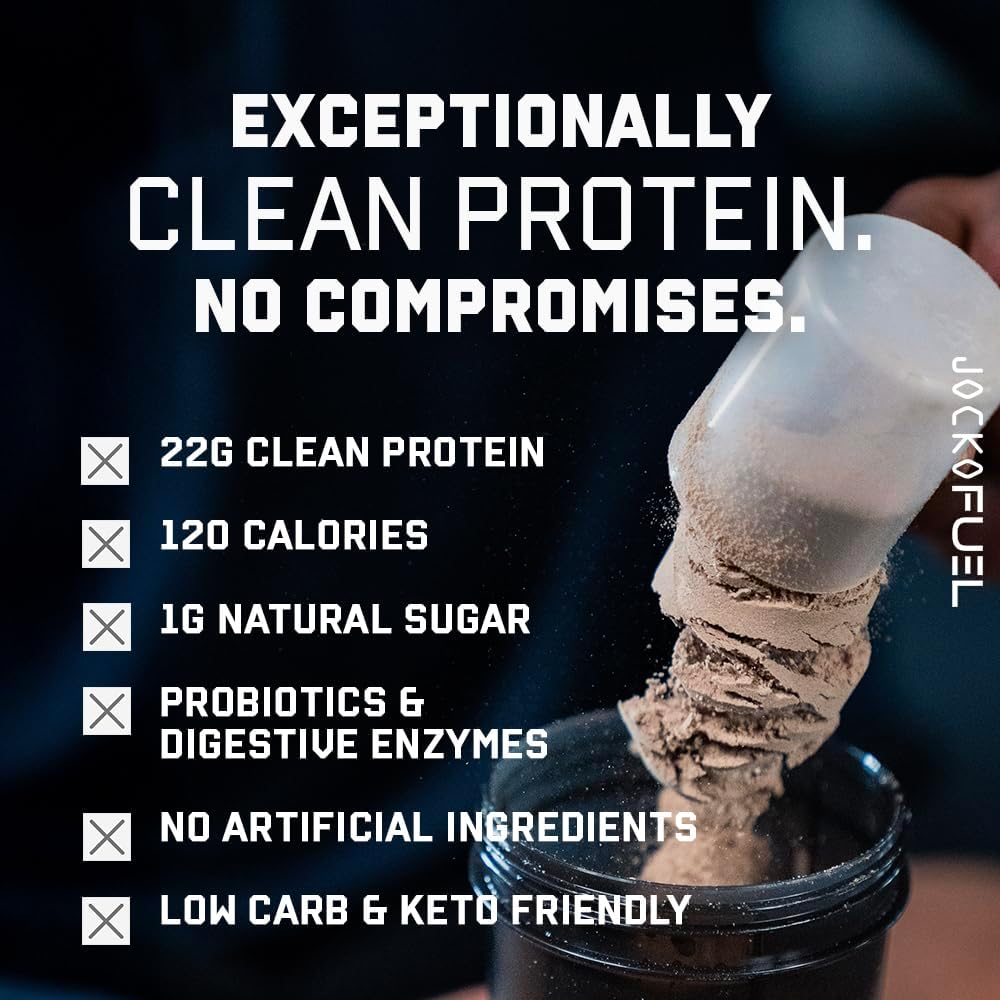 Jocko Fuel Whey Protein Powder contains 22g of protein per serving, with added digestive enzymes and a probiotic complex; each tub provides 27 servings.