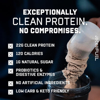 Jocko Fuel Whey Protein Powder contains 22g of protein per serving, with added digestive enzymes and a probiotic complex; each tub provides 27 servings.