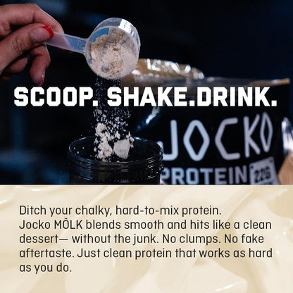 Jocko Fuel Whey Protein Powder contains 22g of protein per serving, with added digestive enzymes and a probiotic complex; each tub provides 27 servings.