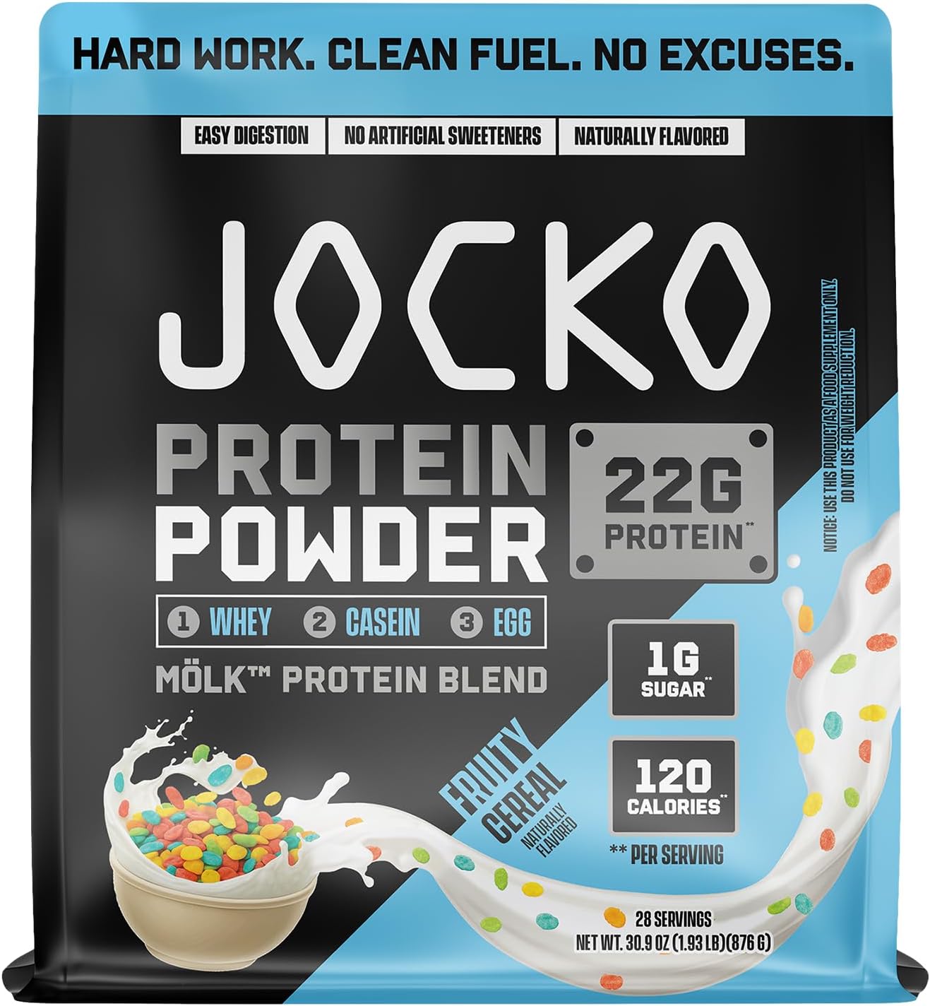 Jocko Fuel Whey Protein Powder contains 22g of protein per serving, with added digestive enzymes and a probiotic complex; each tub provides 27 servings.