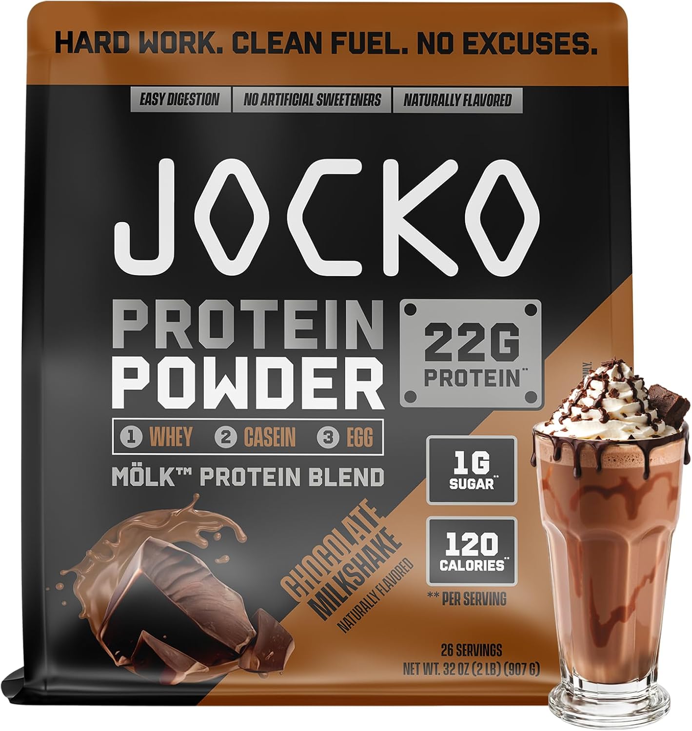 Jocko Fuel Whey Protein Powder contains 22g of protein per serving, with added digestive enzymes and a probiotic complex; each tub provides 27 servings.
