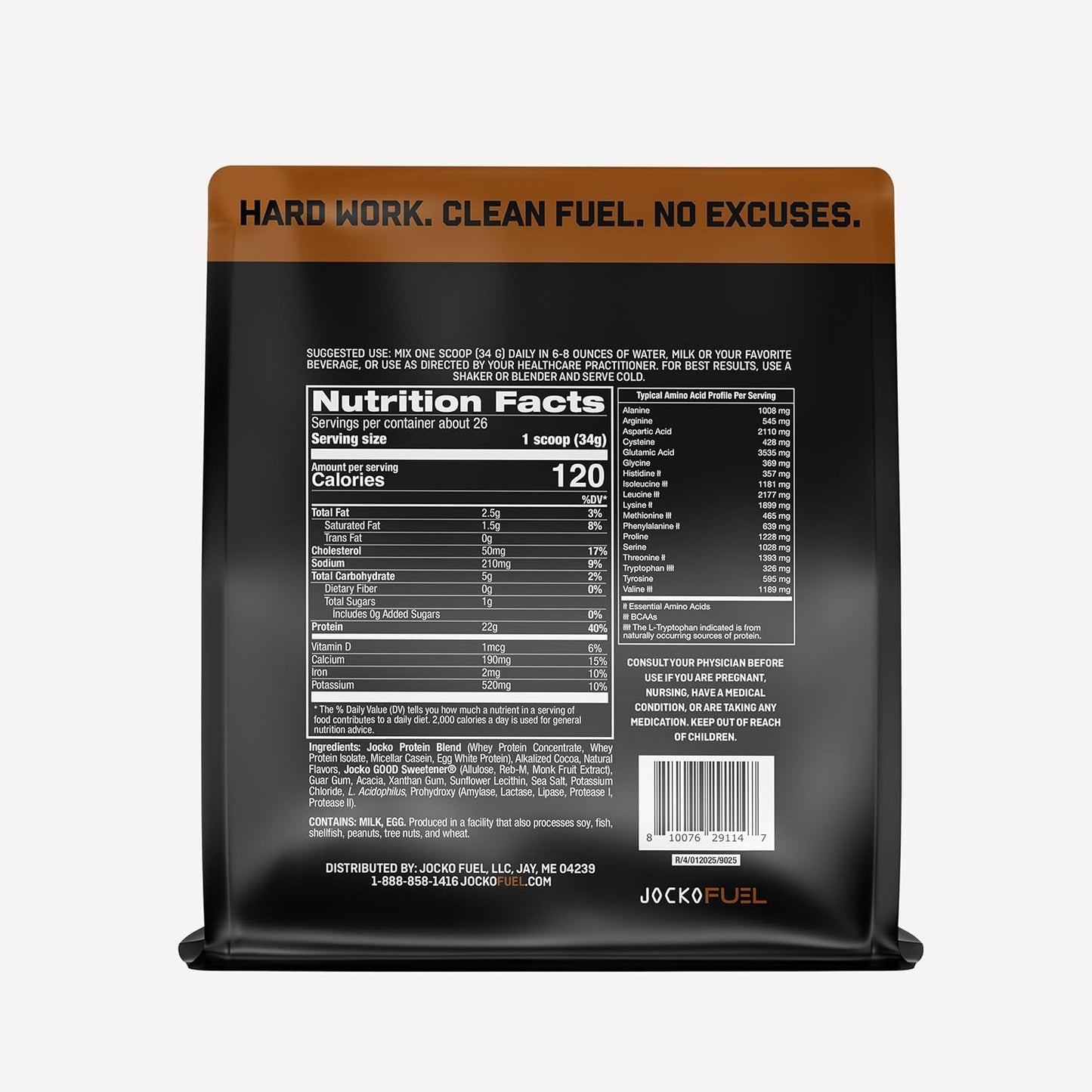 Jocko Fuel Whey Protein Powder contains 22g of protein per serving, with added digestive enzymes and a probiotic complex; each tub provides 27 servings.