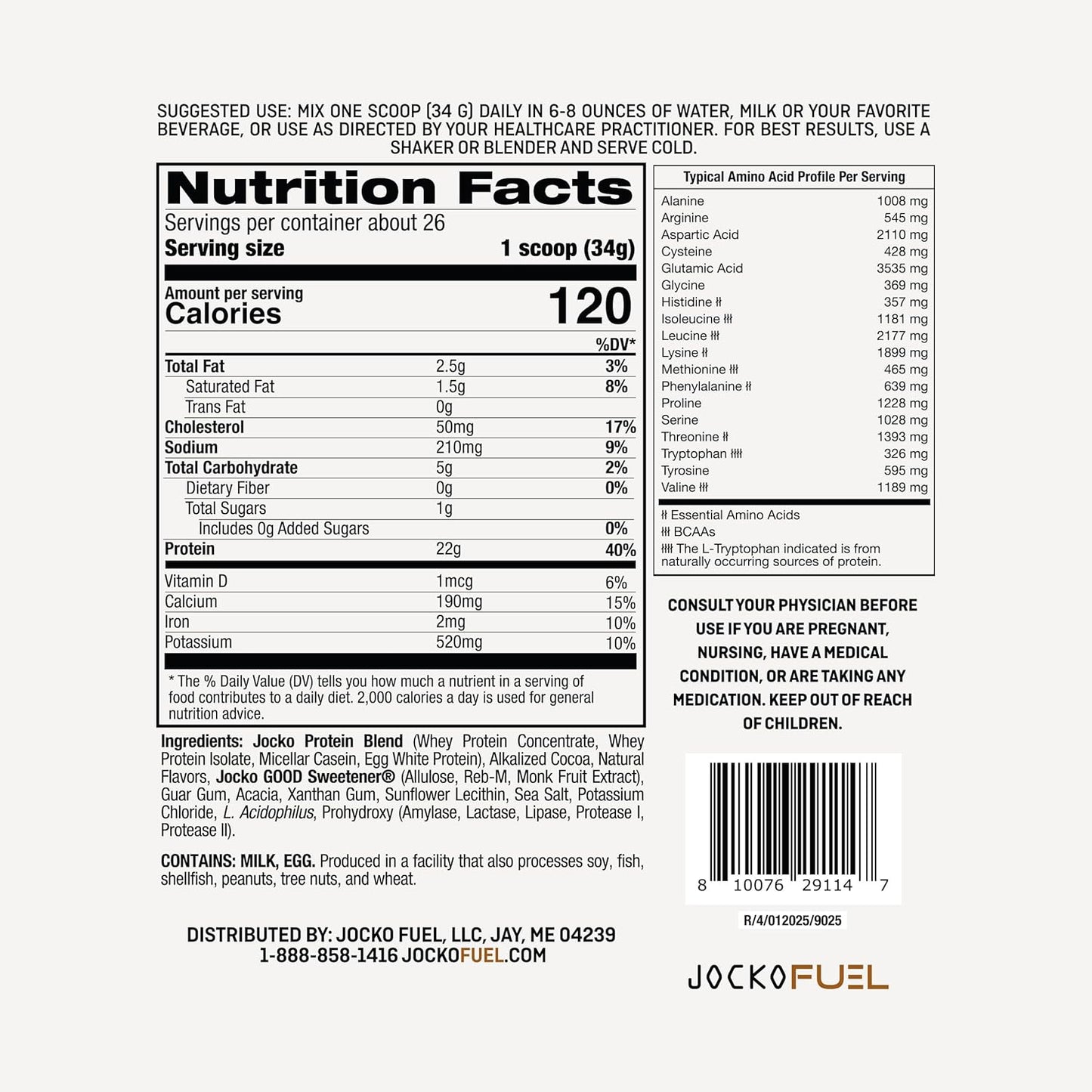 Jocko Fuel Whey Protein Powder contains 22g of protein per serving, with added digestive enzymes and a probiotic complex; each tub provides 27 servings.