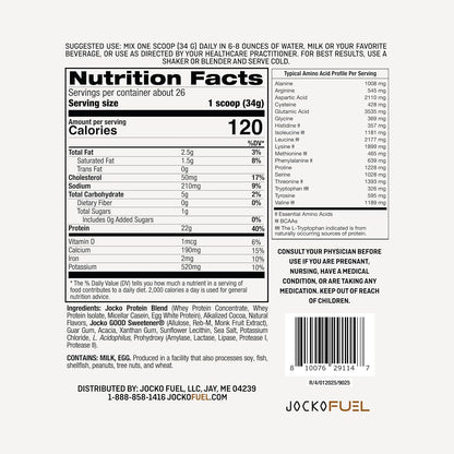 Jocko Fuel Whey Protein Powder contains 22g of protein per serving, with added digestive enzymes and a probiotic complex; each tub provides 27 servings.