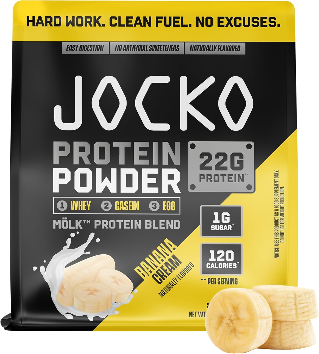 Jocko Fuel Whey Protein Powder contains 22g of protein per serving, with added digestive enzymes and a probiotic complex; each tub provides 27 servings.