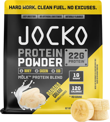 Jocko Fuel Whey Protein Powder contains 22g of protein per serving, with added digestive enzymes and a probiotic complex; each tub provides 27 servings.