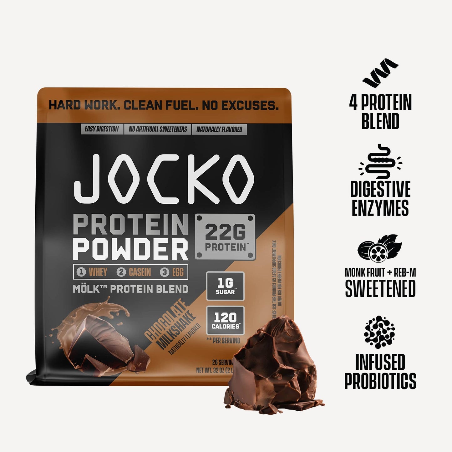 Jocko Fuel Whey Protein Powder contains 22g of protein per serving, with added digestive enzymes and a probiotic complex; each tub provides 27 servings.
