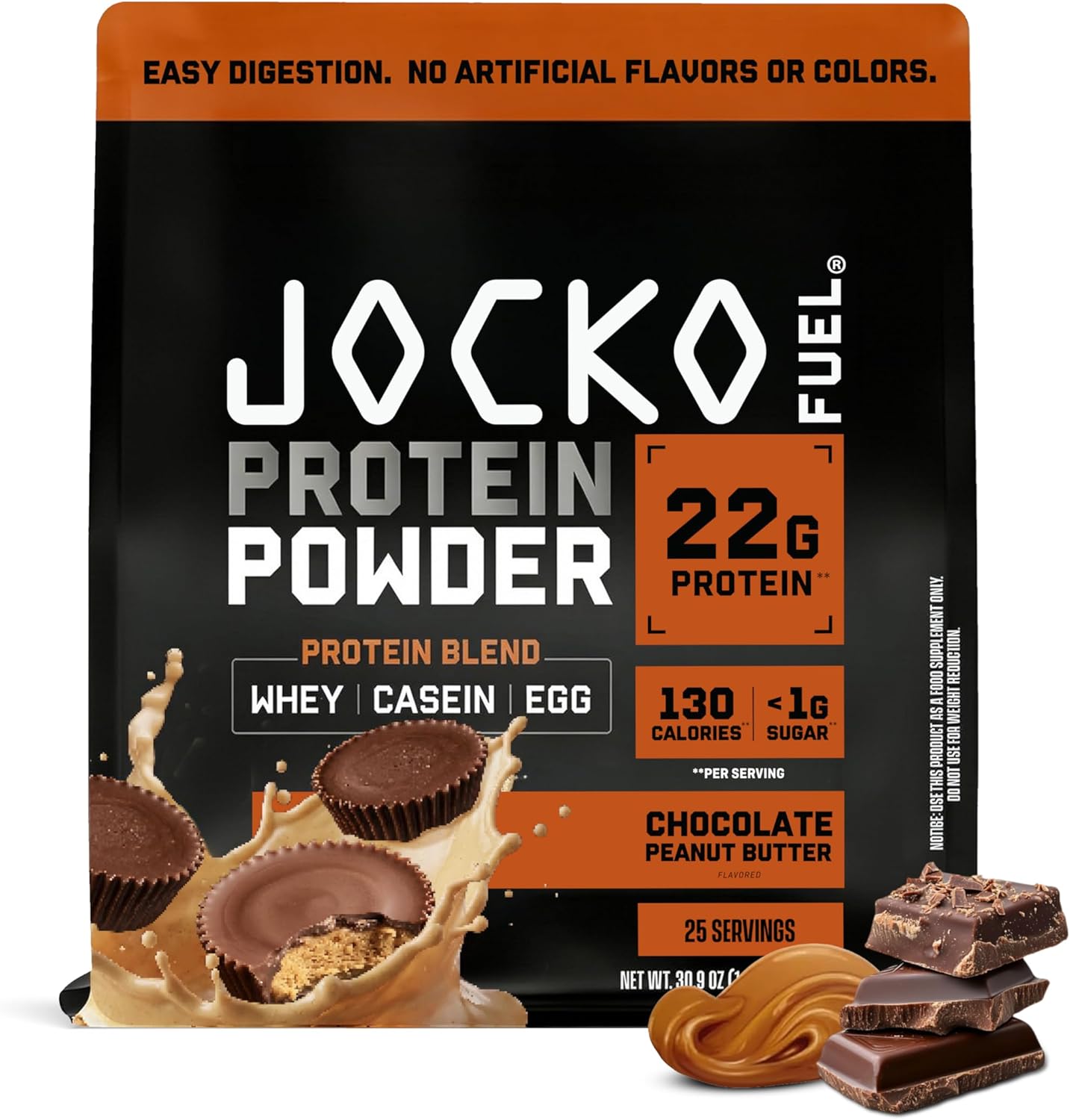 Jocko Fuel Whey Protein Powder contains 22g of protein per serving, with added digestive enzymes and a probiotic complex; each tub provides 27 servings.