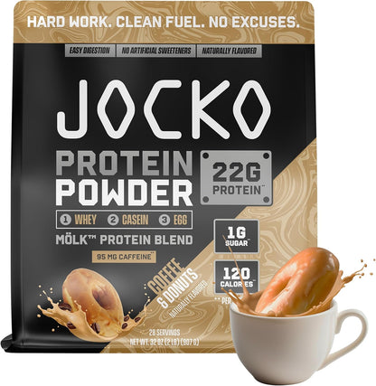 Jocko Fuel Whey Protein Powder contains 22g of protein per serving, with added digestive enzymes and a probiotic complex; each tub provides 27 servings.