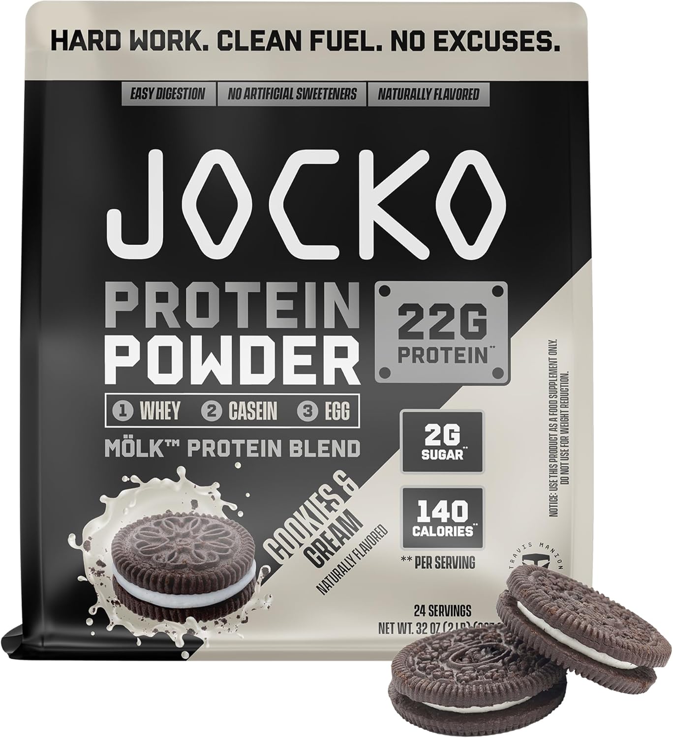 Jocko Fuel Whey Protein Powder contains 22g of protein per serving, with added digestive enzymes and a probiotic complex; each tub provides 27 servings.