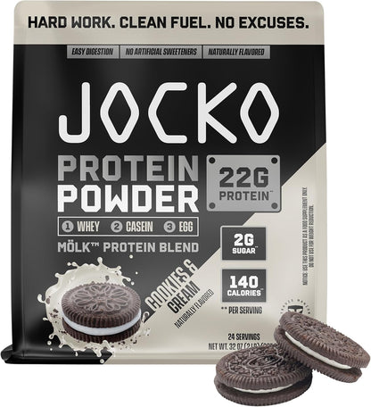 Jocko Fuel Whey Protein Powder contains 22g of protein per serving, with added digestive enzymes and a probiotic complex; each tub provides 27 servings.