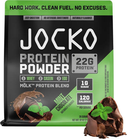 Jocko Fuel Whey Protein Powder contains 22g of protein per serving, with added digestive enzymes and a probiotic complex; each tub provides 27 servings.