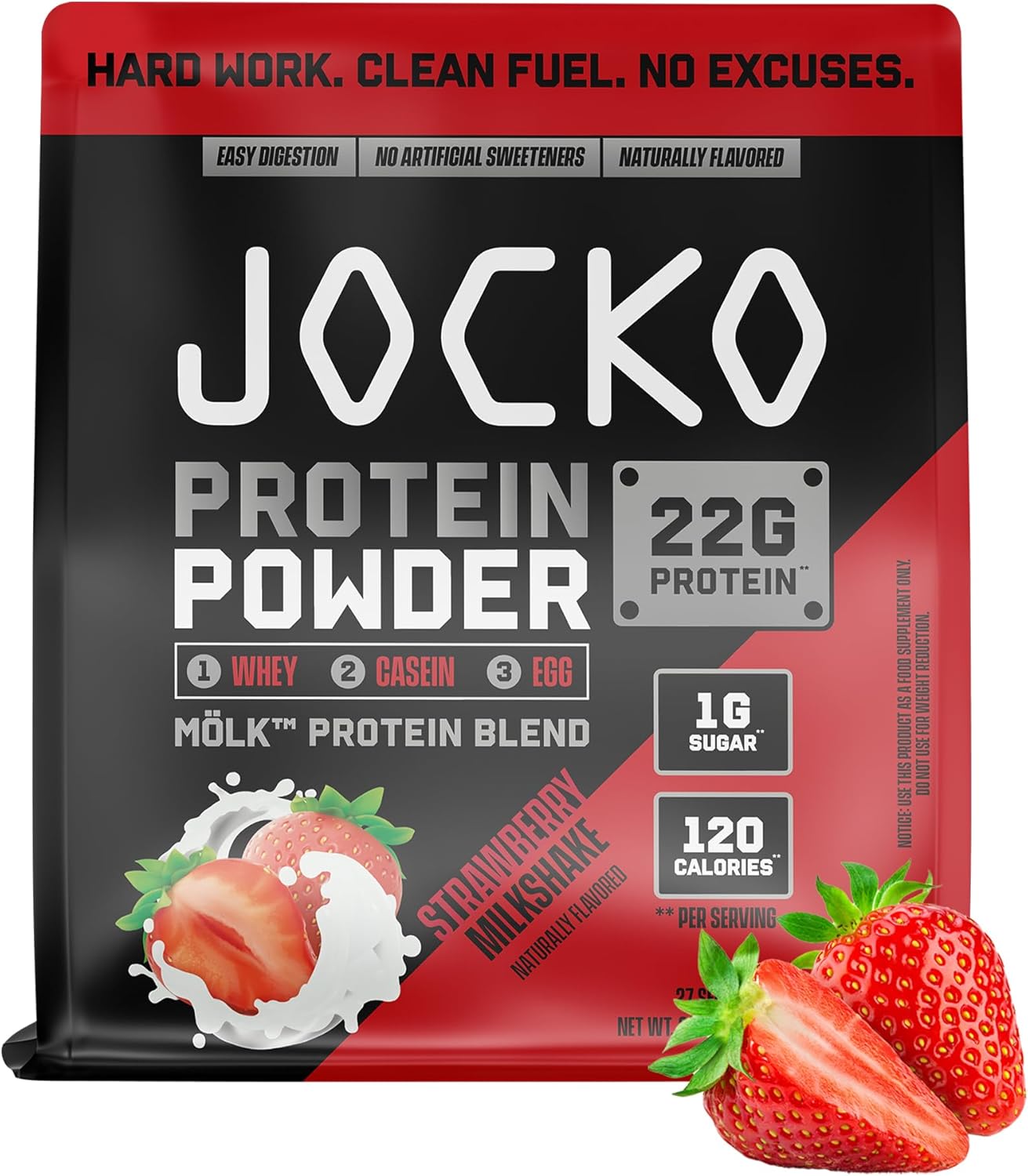 Jocko Fuel Whey Protein Powder contains 22g of protein per serving, with added digestive enzymes and a probiotic complex; each tub provides 27 servings.