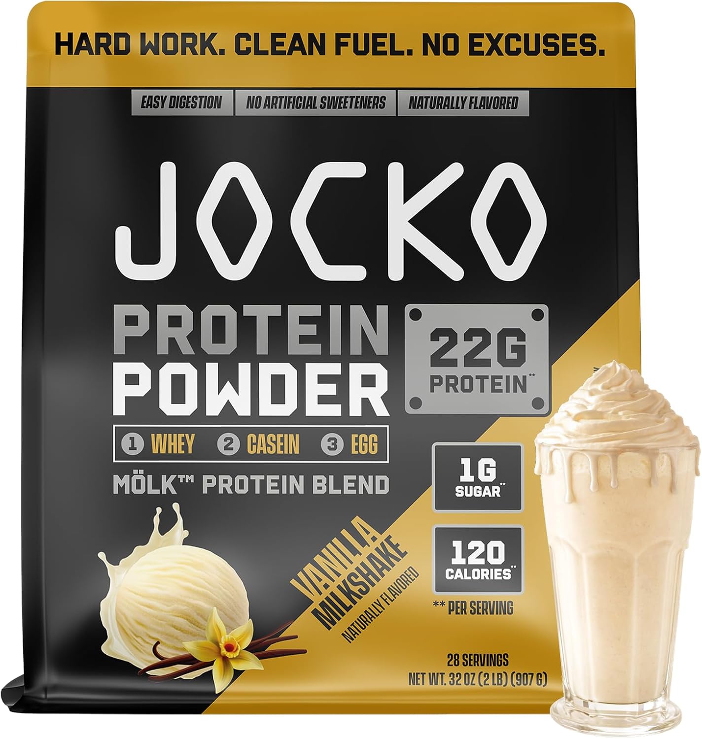 Jocko Fuel Whey Protein Powder contains 22g of protein per serving, with added digestive enzymes and a probiotic complex; each tub provides 27 servings.